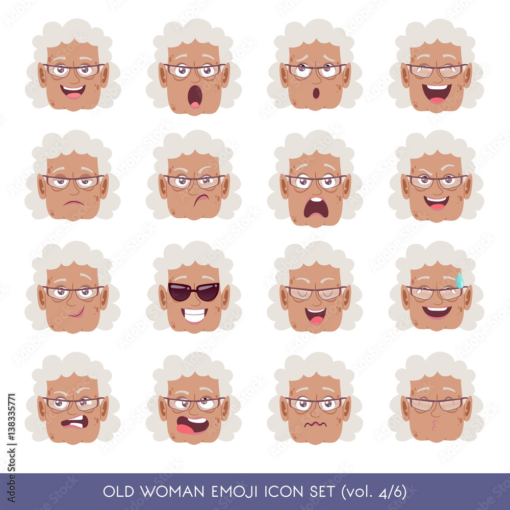 Set of senior female facial emotions. Black senior woman emoji ...