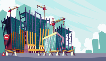 Wall Mural - Vector cartoon illustration of the process of the construction of buildings