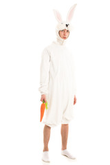 Wall Mural - Man in a rabbit costume on white background