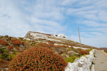 Wall Mural - Church of virgin Mary (Panagia) is one of the most famous attractions of Folegandros. Located on the cliff top, is located near Chora. From the Hora to the Church leads zigzag road