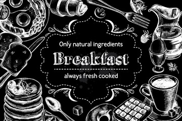 Wall Mural - Traditional breakfast. Composition of hand drawn food elements: English breakfast, coffee, pancakes, toast, waffle. Vector illustration. Menu or signboard template for bakery and cafe.