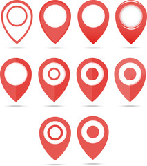 Red geo pins. Geolocation red signs set. Geolocate and navigation sign.