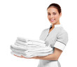 © Africa Studio - Female chambermaid  holding clean white folded towels on white background