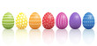Easter eggs lined up with different colors and patterns. Isolated vector illustration on white background.