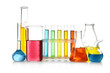 Test tubes and flasks on white background