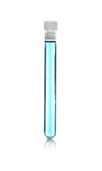 Test tube with blue sample isolated on white