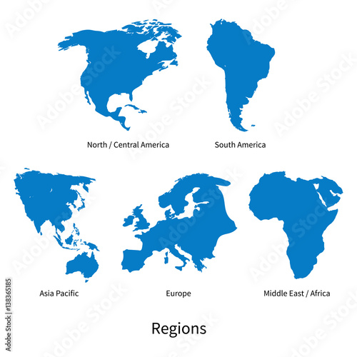 Fotografía Detailed vector map of North - Central America, Asia Pacific, Europe, South Amer