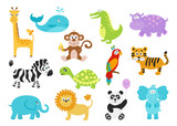 Fototapeta Dinusie - Set of cute cartoon  animals for baby  clothes, alphabet cards.