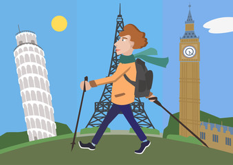Wall Mural - cartoon man with walking poles against europe attractions