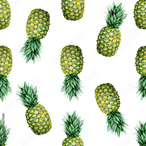 Seamless watercolor fruit illustration of pineapple. Pattern with tropic summ...
