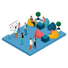 Poster - isometric concept of coworking center. 3d people meeting, discussing, planning, brainstorming at the