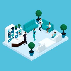 Wall Mural - Set Trendy isometric people. Medical staff, hospital, doctor, surgeon, nurse, patients reception in the lobby, isolated on a light background. Vector illustration