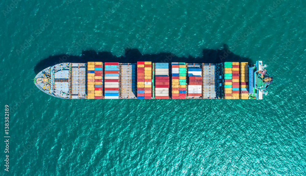 container ship in import export and business logistic.By crane ,Trade Port , Shipping.cargo to harbor.Aerial view.Top view. - obrazy, fototapety, plakaty 