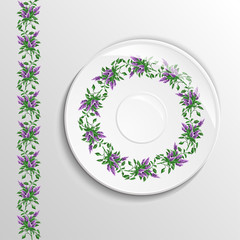 Table appointments in restaurant.  Decorative plate with round ethnic ornament. Ukrainian style.  Floral iliacs pattern. Vintage background of napkin. Violet  and green tones..