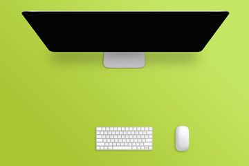 Poster - Computer display, keyboard and mouse on empty green work desk. Free space for text. Blank screen for mockup.
