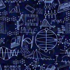 Wall Mural - science seamless pattern with sketch elements. vector background with decorative formulas and graphs