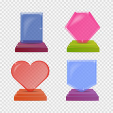Set Realistic Glass Trophy Awards. Colorful Illustration Isolated For Transparency Background. Graphic Concept For Your Design. Shield, Heart, Rectangle, Hexagon.