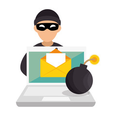 Sticker - color silhouette with hacker and laptop and bomb vector illustration