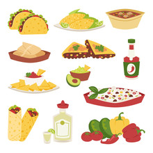 Mexican Traditional Food With Meat Avocado Tequila Corn Isolated And Spicy Pepper Salsa Lunch Sauce Cuisine Dinner Cartoon Style Vector Illustration.