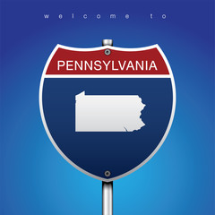 An Sign Road America Style with state of American with blue background and message, PENNSYLVANIA and map, vector art image illustration