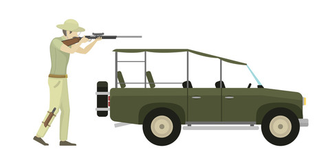 Cartoon illustration of hunter aiming rifle vector character.