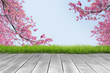 Wooden plank and cherry blossom branch background
