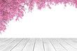 White wooden plank and cherry blossom branch background