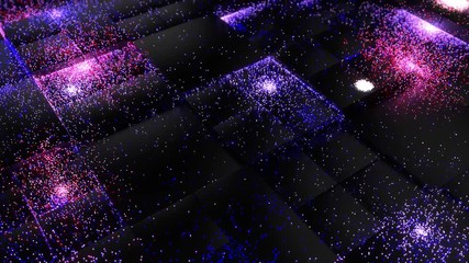 Fototapete - 3d rendering abstract loopable background. Cubes randomly lift up and down. Bright particles fall down and hit the fractured ground. Floor made of geometric cube primitives.