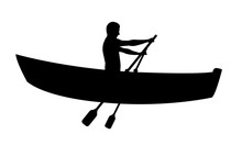 Silhouette Of Man In Boat Rowing Isolated On White