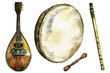 Watercolor and ink Irish folk music instruments