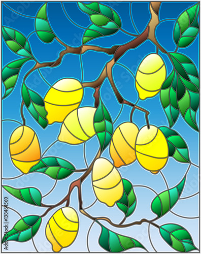 ilustracja-w-stylu-witrazu-z-galeziami-drzewa-cytrynowego-owocami-i-liscmi-na-tle-nieba