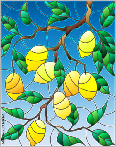 Obraz w ramie Illustration in the style of a stained glass window with the branches of lemon tree , the fruit branches and leaves against the sky