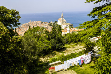 Piran, city view with clothesline, Slovenia, Southern Slovenia