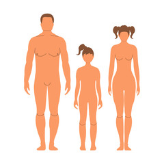 Man, woman, and girl. Human front side Silhouette. Isolated on White Background. Vector illustration.