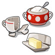 Sugar bowl, butter and broken cup. Vector isolated