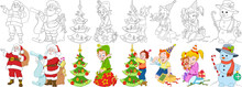 Cartoon New Year Set. Santa Claus With Presents And His Helper Elf, Boy And Girl With Christmas Gift Boxes, Child Decorating Fir Tree, Snowman, Candy Stick And Bauble. Coloring Book Pages For Kids.