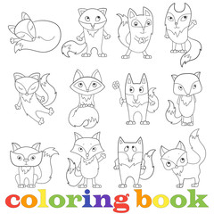  Illustration with set of contour funny foxes, coloring book