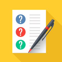 Poster - Document with question marks and pen. Sheet of paper and checklist with questions. Test, exam, quiz concepts. Flat design graphic elements. Vector illustration