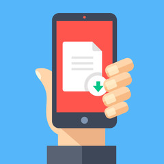 Aufkleber - Downloading document with mobile phone concept. Hand holding smartphone with document icon or file icon and download button on screen. Modern flat design graphic elements. Creative vector illustration