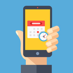 Poster - Calendar and clock on smartphone screen. Hand holding smartphone. Planning, schedule app, timetable, appointment, reminder app concepts. Modern flat design graphic elements. Vector illustration