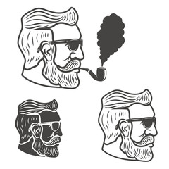 Wall Mural - Bearded man head with smoking pipe isolated on white background. Vector illustration.