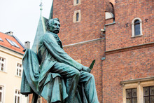 Statue Of The Polish Poet, Playwright And Comedy Writer Aleksander Fredro In The Market Square In Front Of The Town Hall Of Wroclaw, Poland