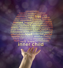 Reach Out To Your Inner Child - Hand Held With Palm Up And The Words INNER CHILD Floating Above With A Relevant Word Cloud Above On A Purple Bokeh Background