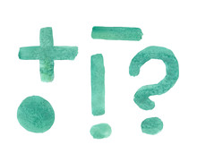 Question And Exclamation Marks, Dot, Minus, Plus Painted With A Brush And Pine Green Paints By Hand