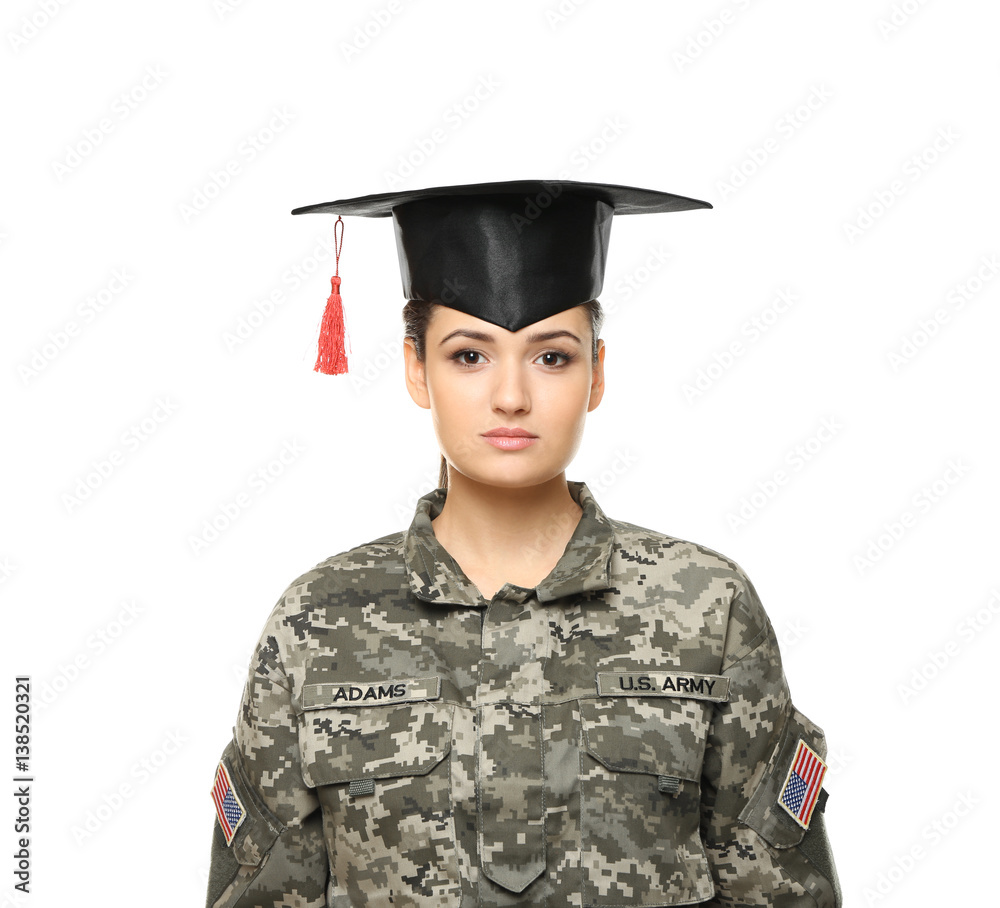 Pretty female soldier wearing graduation cap, on white background
