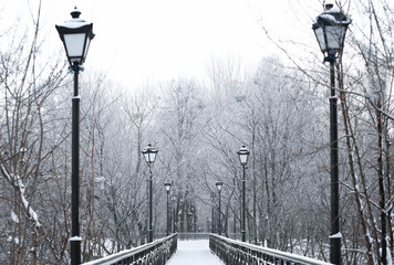 Sticker - Beautiful bridge with street lights in winter park