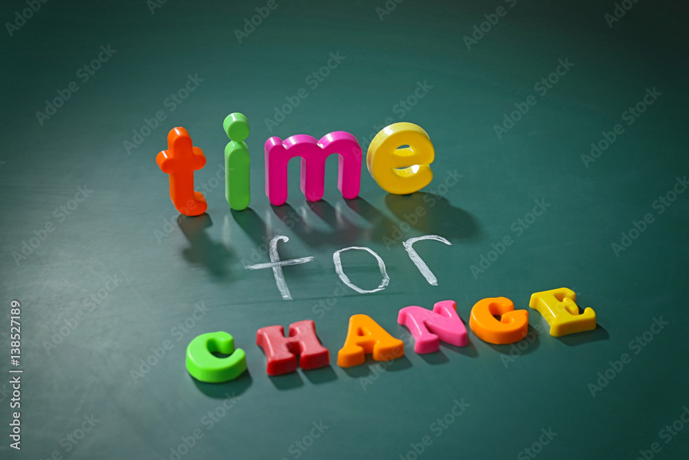Motivation concept. Phrase TIME FOR CHANGE on chalkboard background