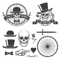 Poster - Hipster retro gangster emblem with a skull in an old hat with daggers, rose, chains and ribbons. As well as some vintage design elements. Vector illustration.