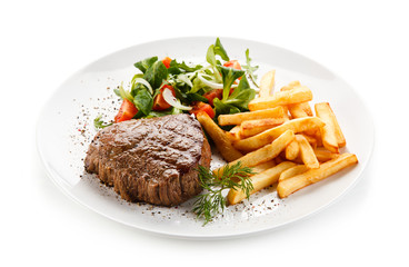 Sticker - Grilled steak, French fries and vegetables 