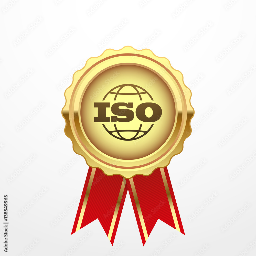ISO certificate golden label, vector illustration, isolated on white ...